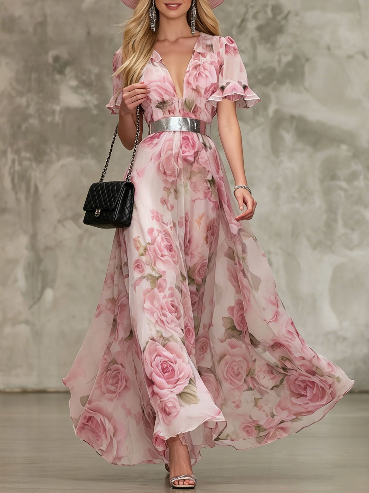 French-Style Romantic Rose-Print Chiffon Maxi Dress - Image 6