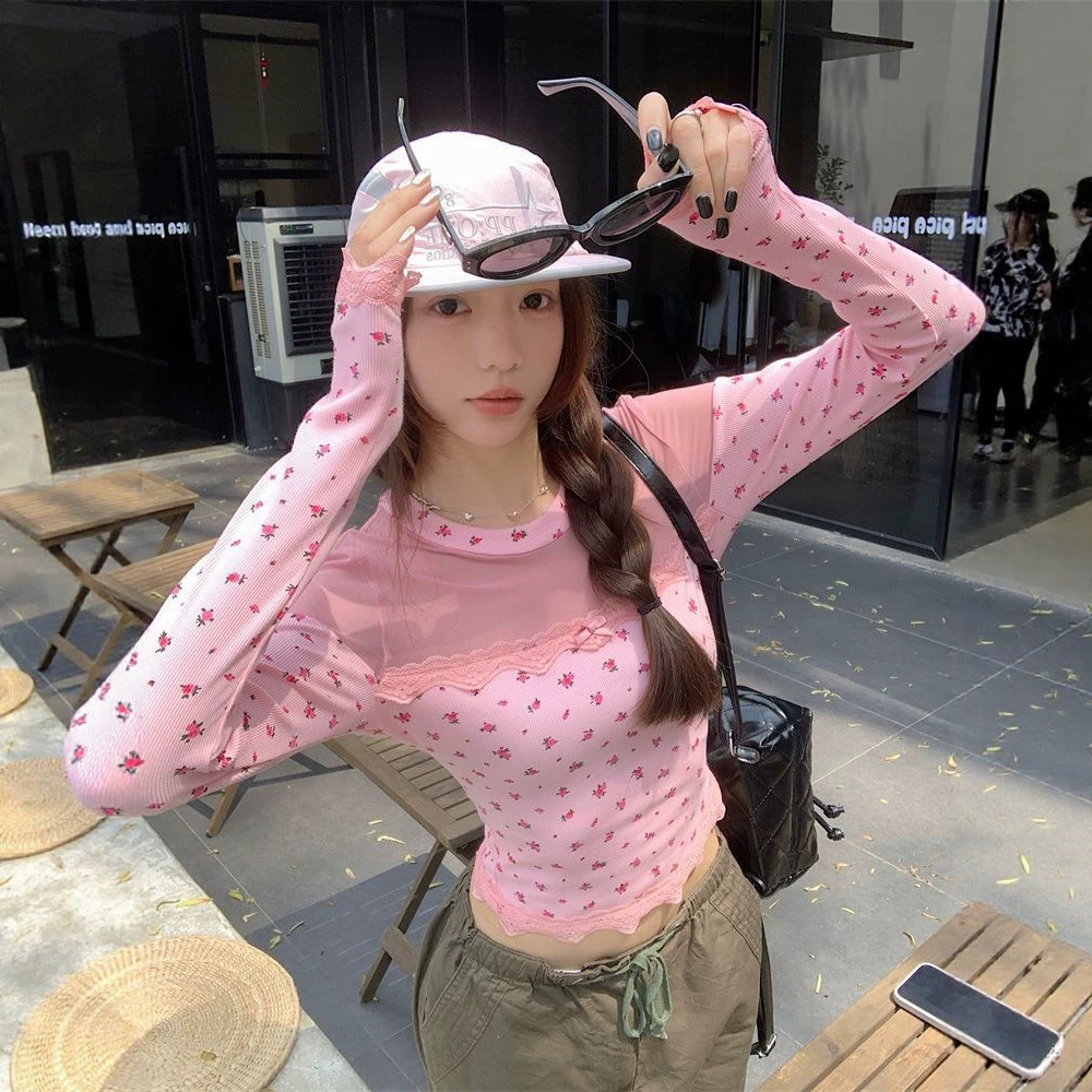 Sweet And Spicy Style Floral Print Mesh Paneling Long Sleeves - Image 2
