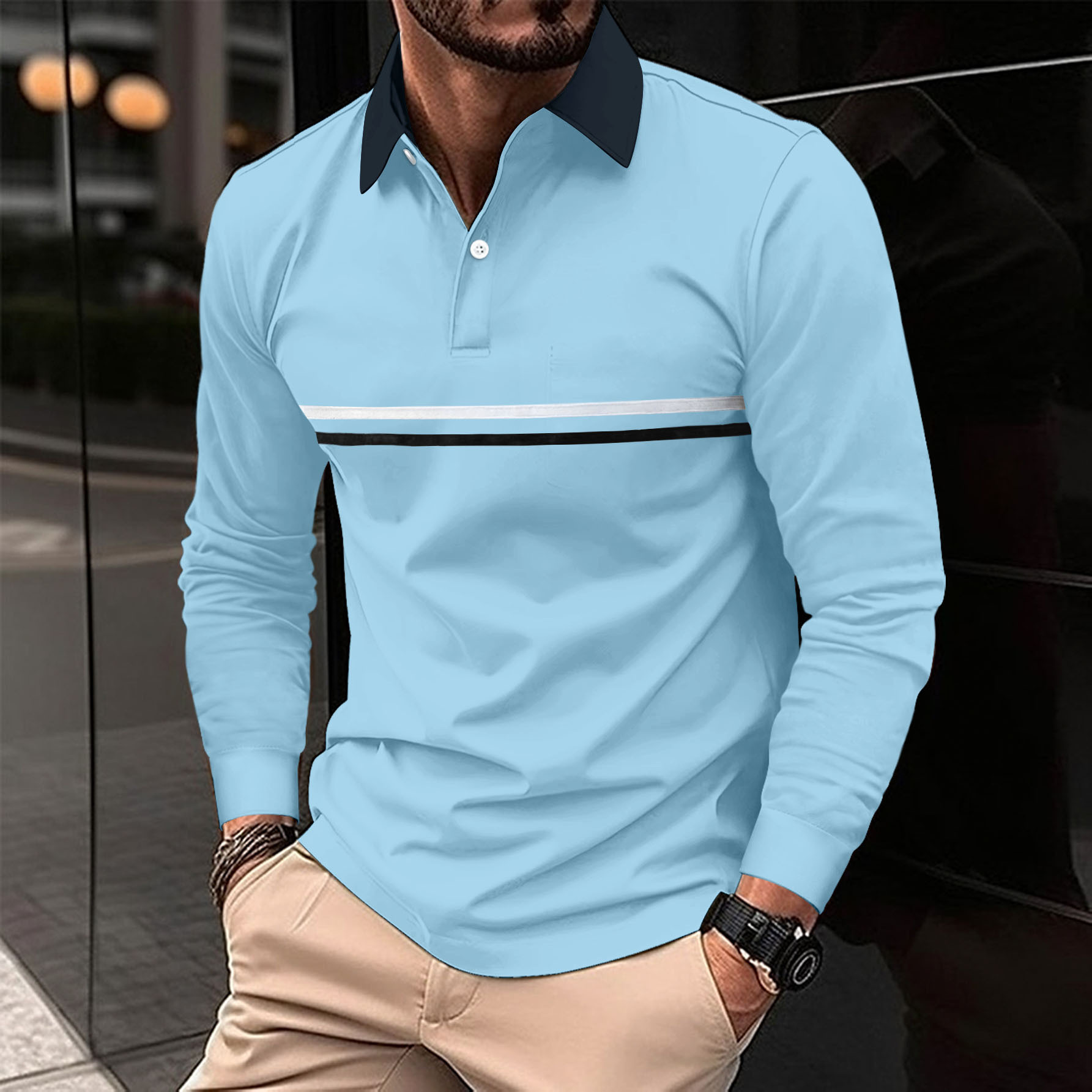 Button-down Long-sleeve Mens Sports Polo Shirt - Image 6