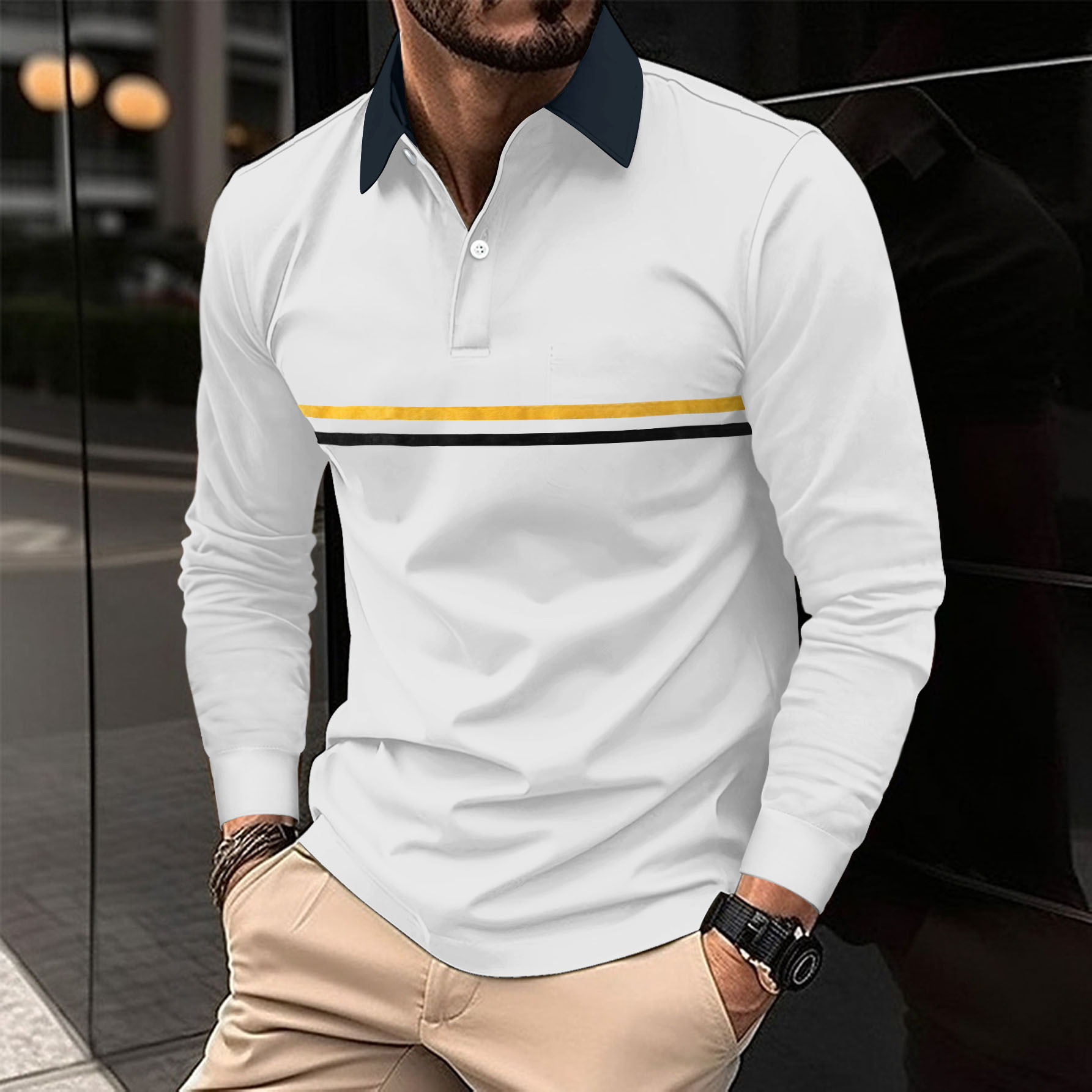 Button-down Long-sleeve Mens Sports Polo Shirt - Image 4