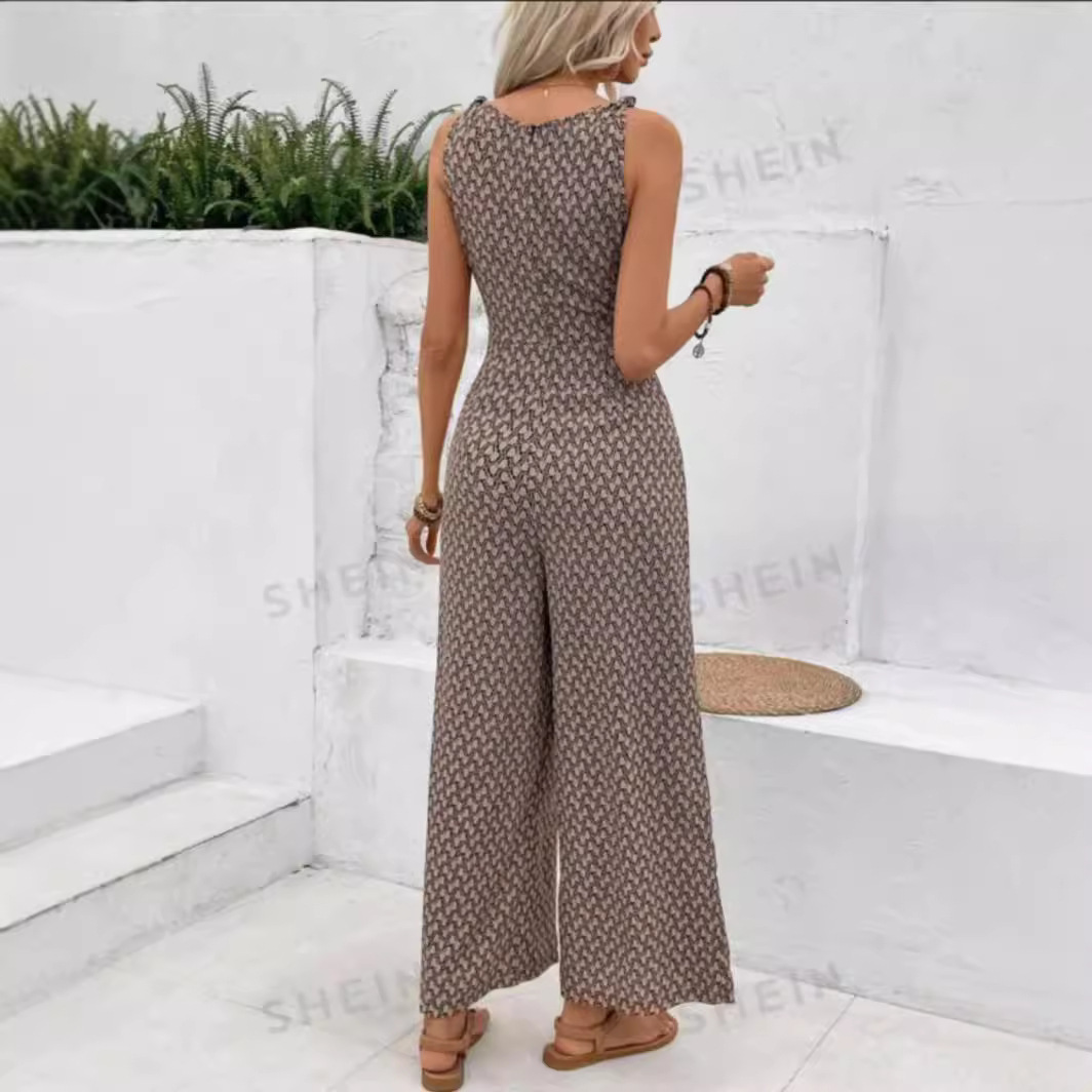 Womens Best-selling Waist-cinching Adjustable-lace-up Printed Jumpsuit - Image 5