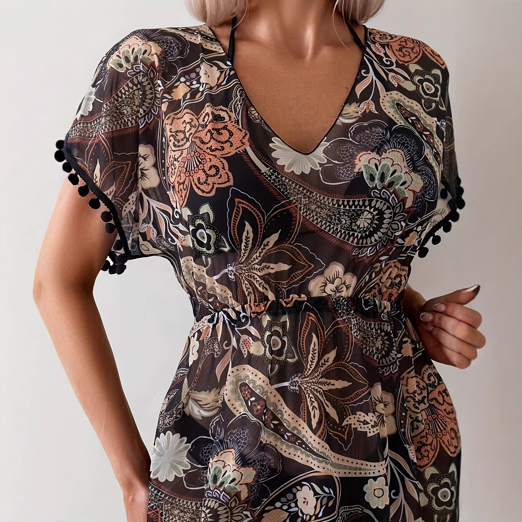 Fashionable Short-sleeve V-neck Dress With An Elastic Waist - Image 4