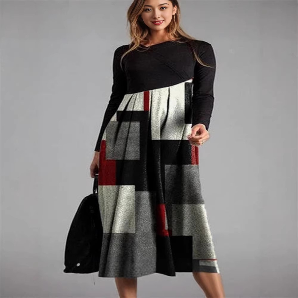 New Womens Long Sleeve Patchwork Plaid Dress - Image 5
