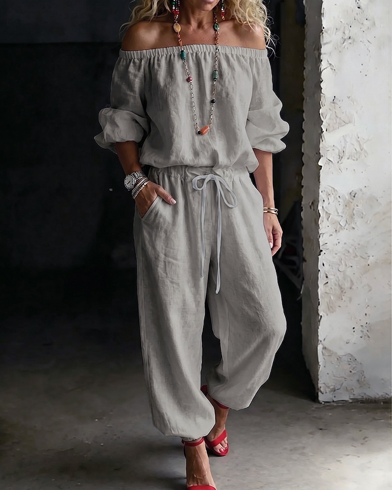 One-shoulder Top And Casual Drawstring Jogger Pants Jumpsuit Set - Image 7