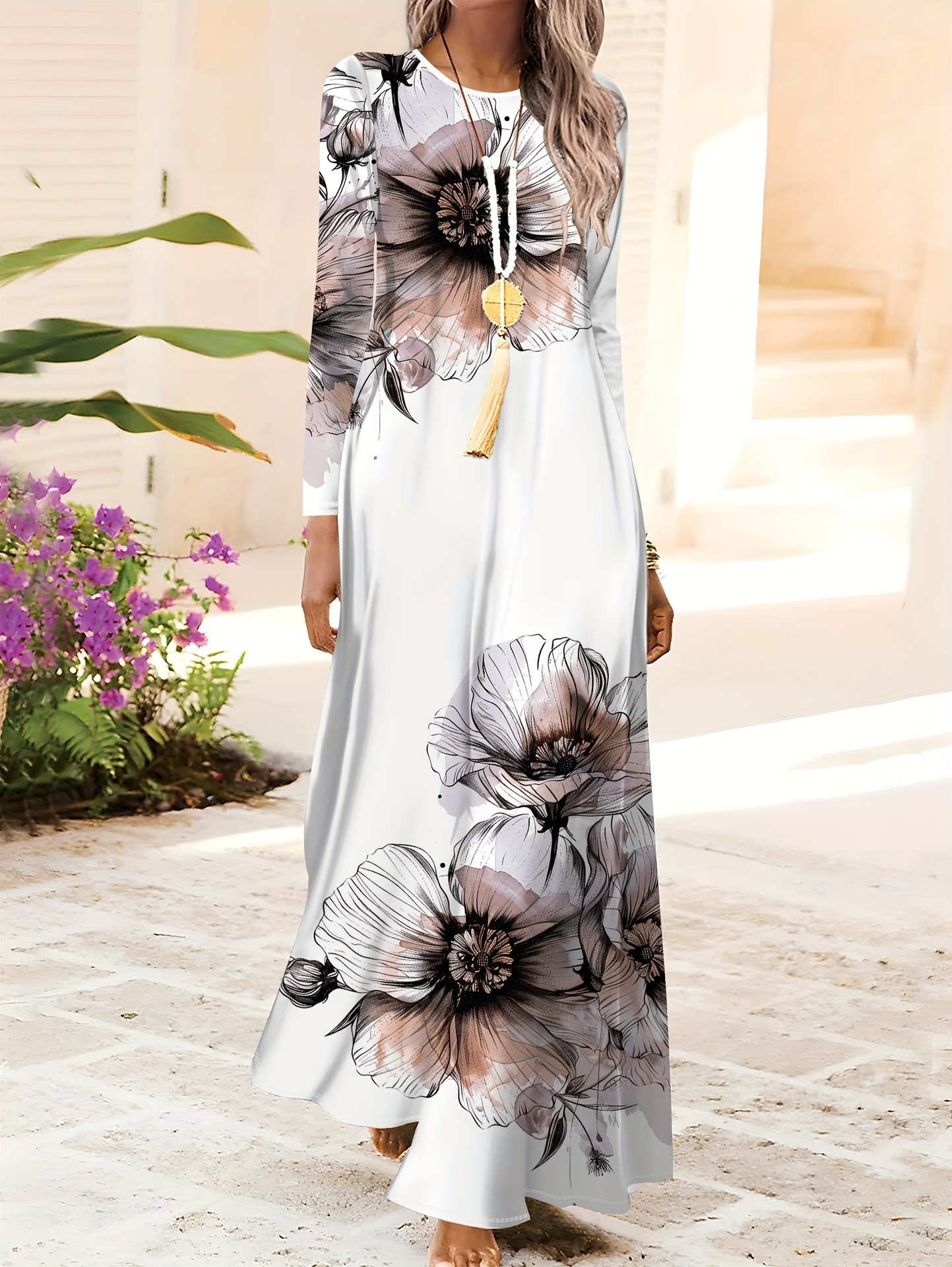 Vintage Navy Blue Womens Printed Elegant Long Party Dress - Image 10