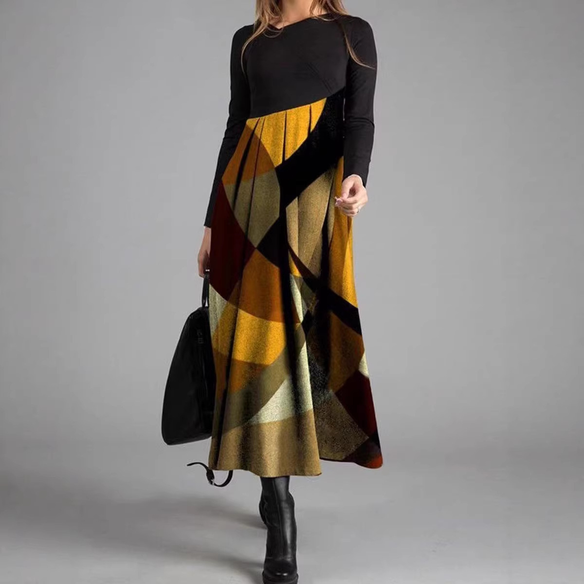 New Womens Long Sleeve Patchwork Plaid Dress - Image 4