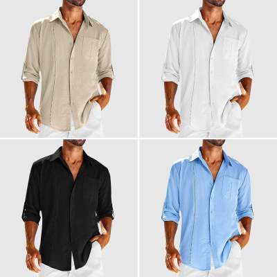 Casual Long Sleeve Shirt With Pocket Lace Polo Collar Solid Color Button Mens Clothing - Image 8