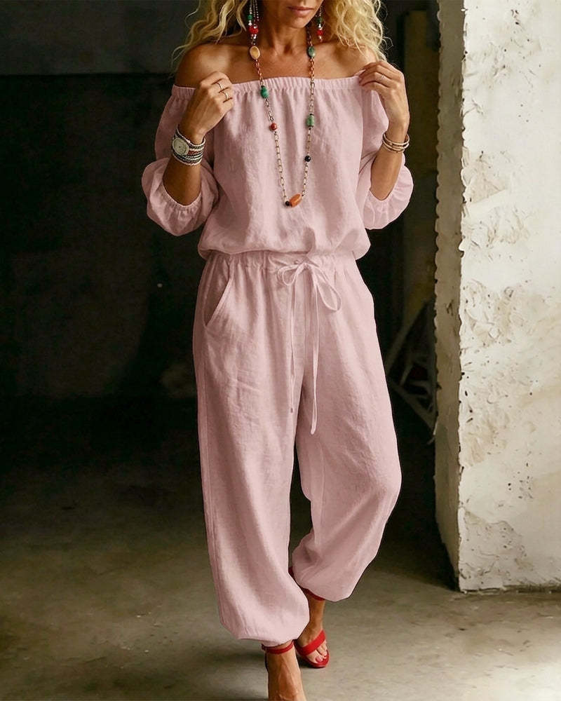 One-shoulder Top And Casual Drawstring Jogger Pants Jumpsuit Set - Image 9