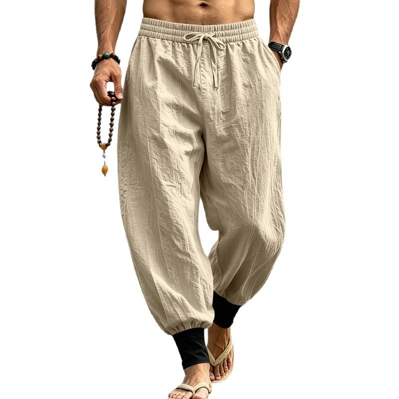 Mens Casual Pants With Color-Block Ribbed Cuffs And Drawstring Waist - Image 4
