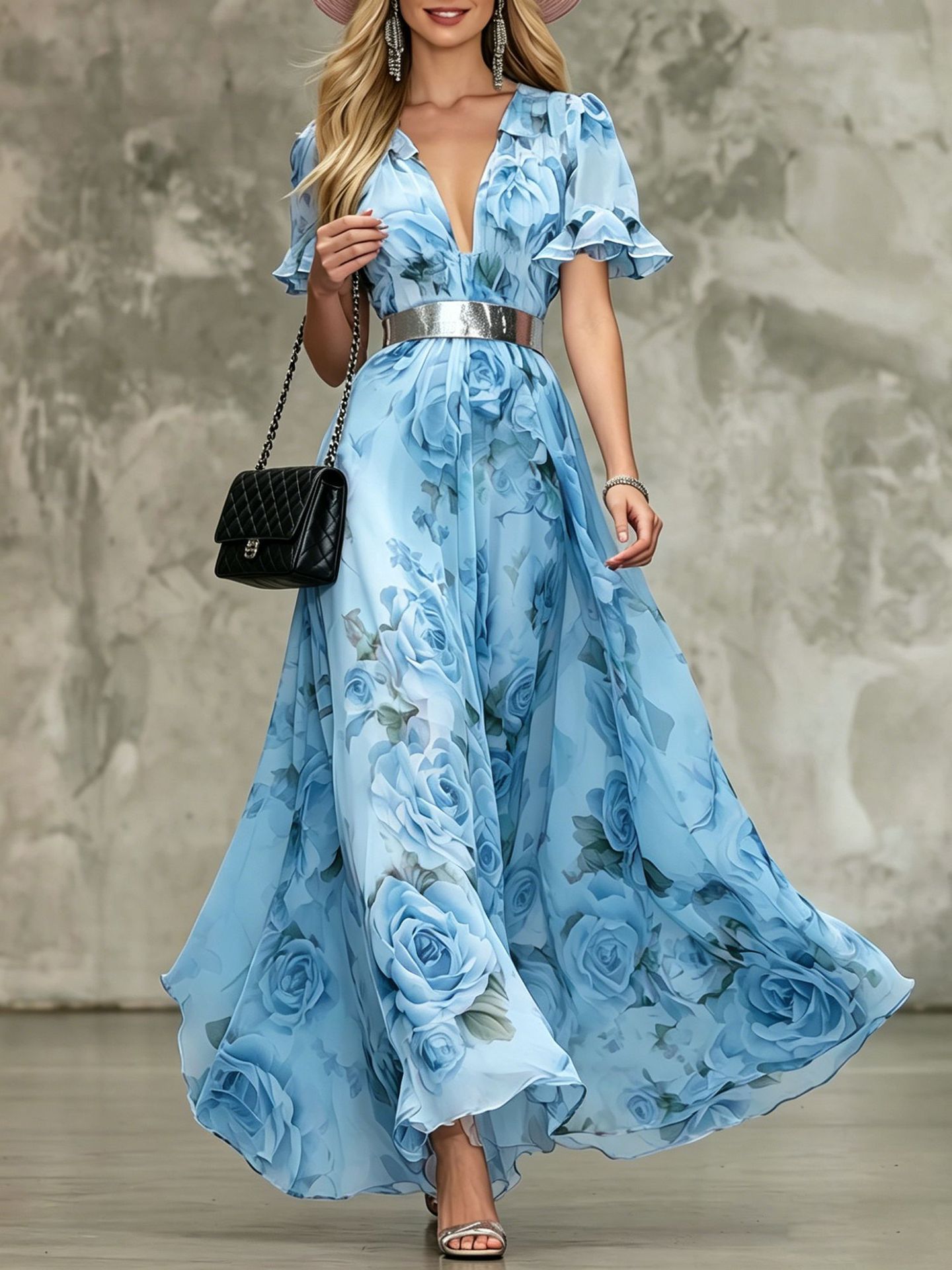 French-Style Romantic Rose-Print Chiffon Maxi Dress - Image 8