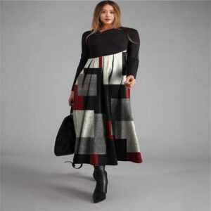 New Womens Long Sleeve Patchwork Plaid Dress