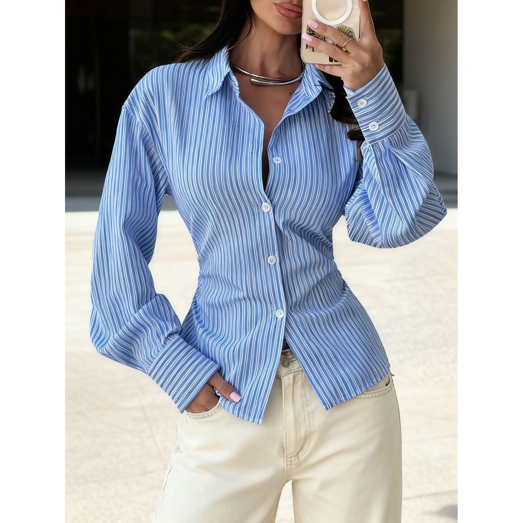 Womens French-style Long-sleeve Casual Versatile Loose-fit Striped Blouse - Image 4