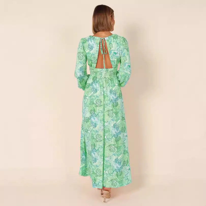Printed Backless Deep-V Sexy Best-selling Long-sleeve Dress - Image 2