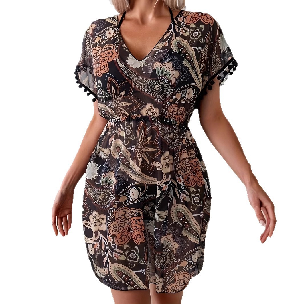 Fashionable Short-sleeve V-neck Dress With An Elastic Waist - Image 5