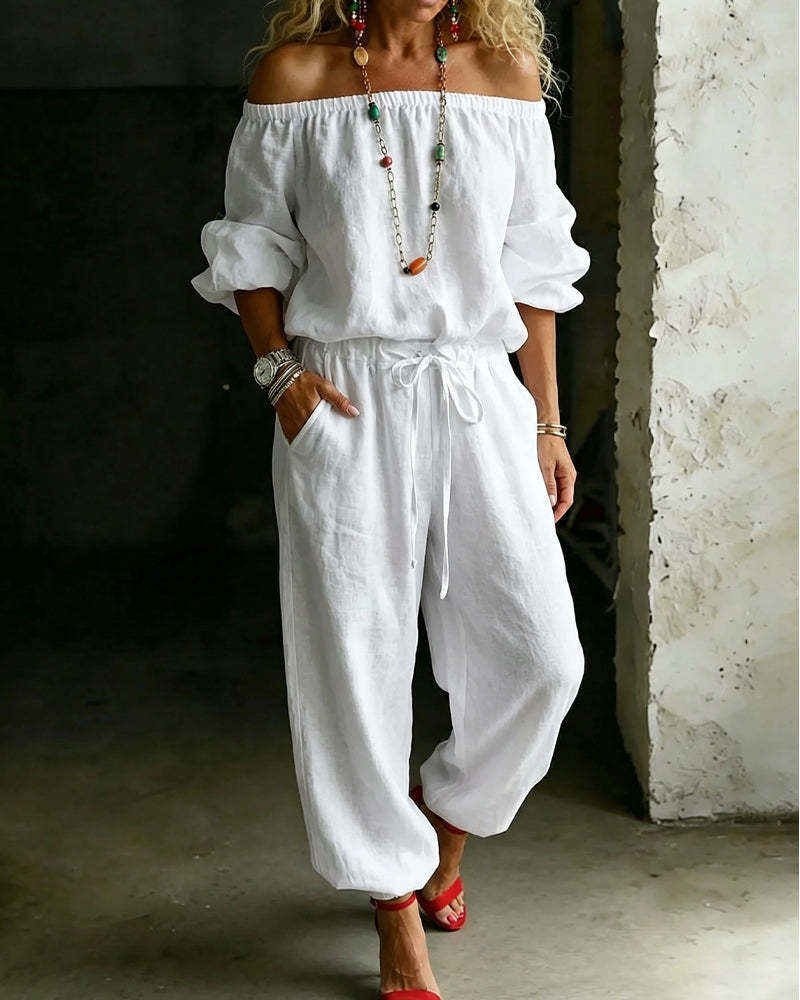 One-shoulder Top And Casual Drawstring Jogger Pants Jumpsuit Set - Image 6