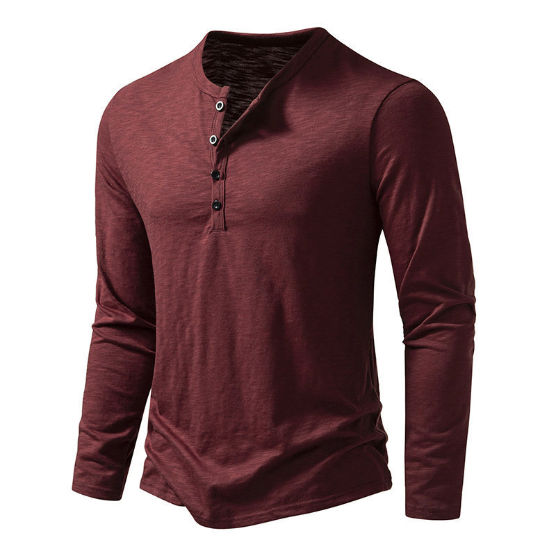 Men's Long-sleeved T-shirt Fashion Casual Solid Color Pullover Button Top Autumn And Spring Clothing - Image 3