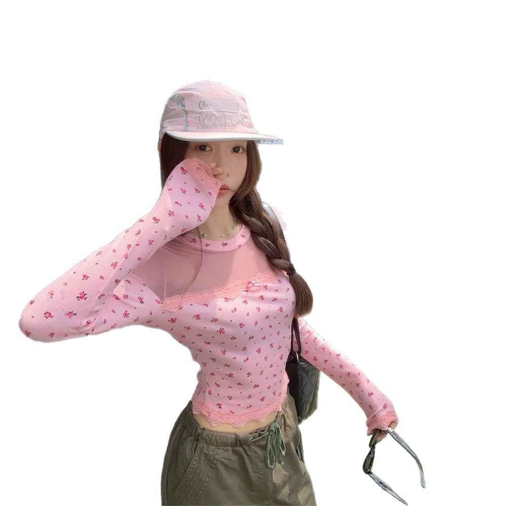 Sweet And Spicy Style Floral Print Mesh Paneling Long Sleeves - Image 5