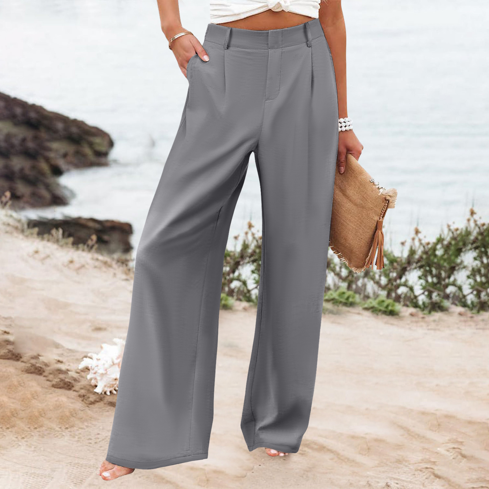 Womens Summer Fashion Loose Solid-color High-waisted Casual Pants Straight-leg Trousers - Image 8