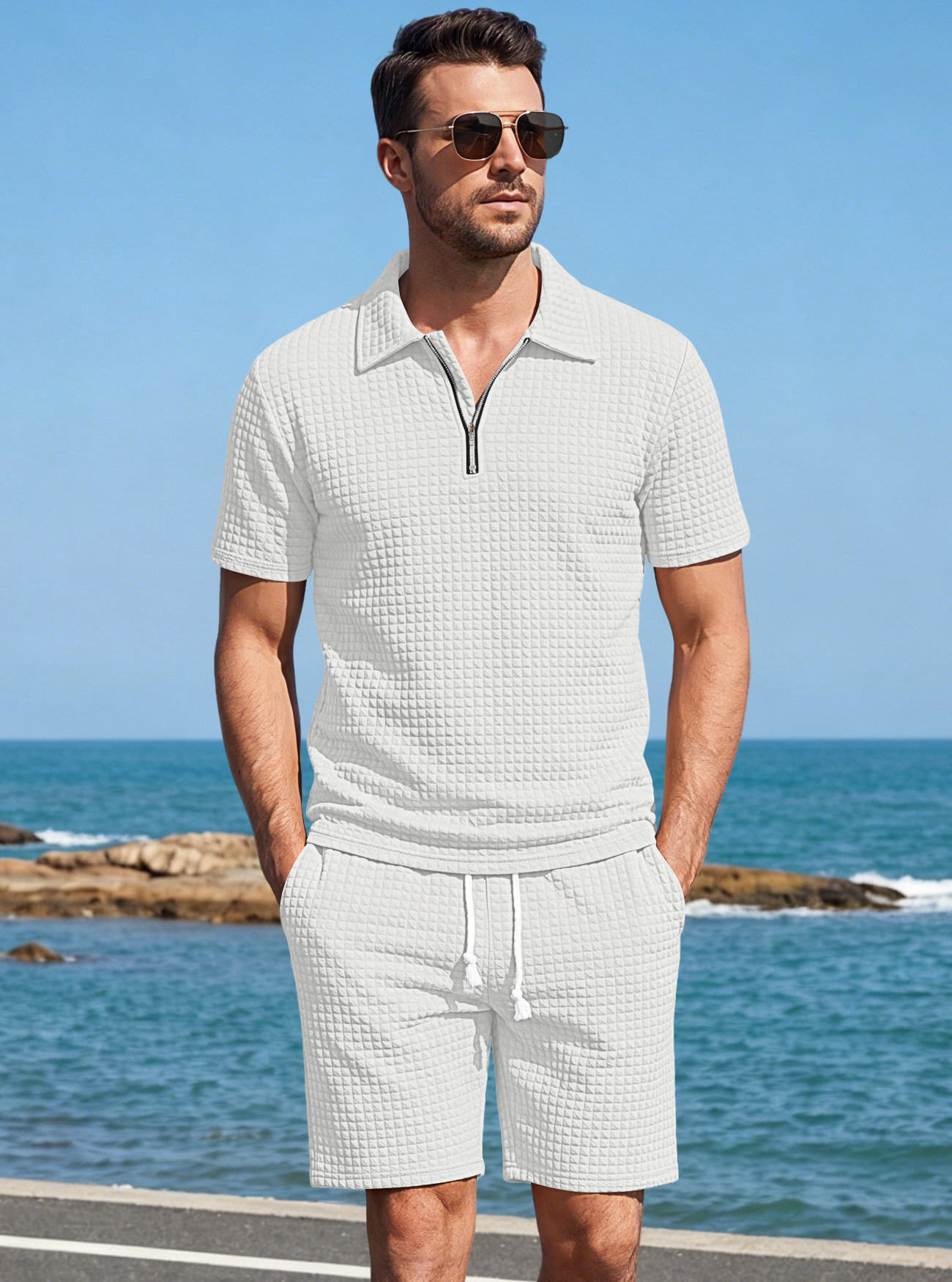 Mens Solid-Color Short-Sleeve T-Shirt And Shorts Casual Sports Set - Image 5