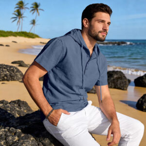 Mens Cotton-Linen Short-Sleeve Solid-Color Hooded T-Shirt
