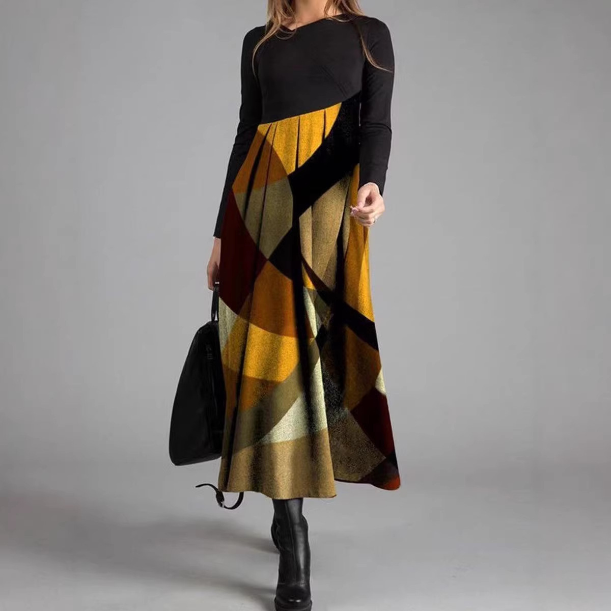 New Womens Long Sleeve Patchwork Plaid Dress - Image 2