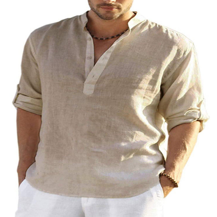 Men's Casual Cotton Linen Solid Color Long Sleeve Shirt Loose Stand Collar - Image 9