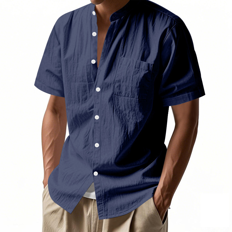 Solid-color Casual Stand-collar Beach Short-sleeve Shirt For Men - Image 7