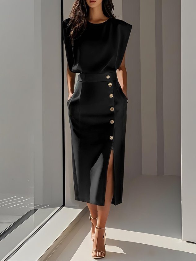 Women’s Summer Split Dress With Buttons Casual Sleeveless Midi Dress Clothing - Image 3