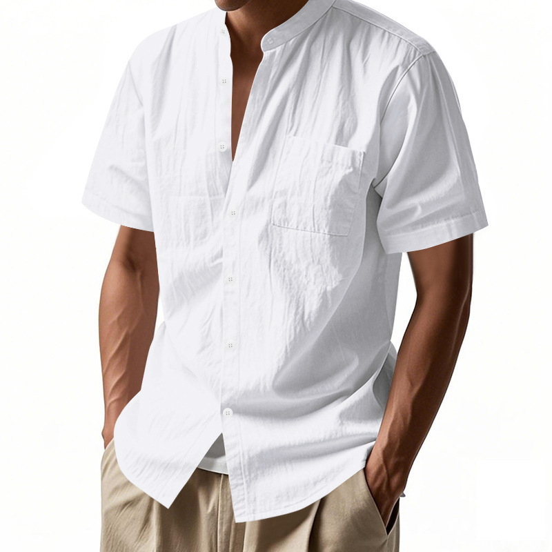 Solid-color Casual Stand-collar Beach Short-sleeve Shirt For Men - Image 2