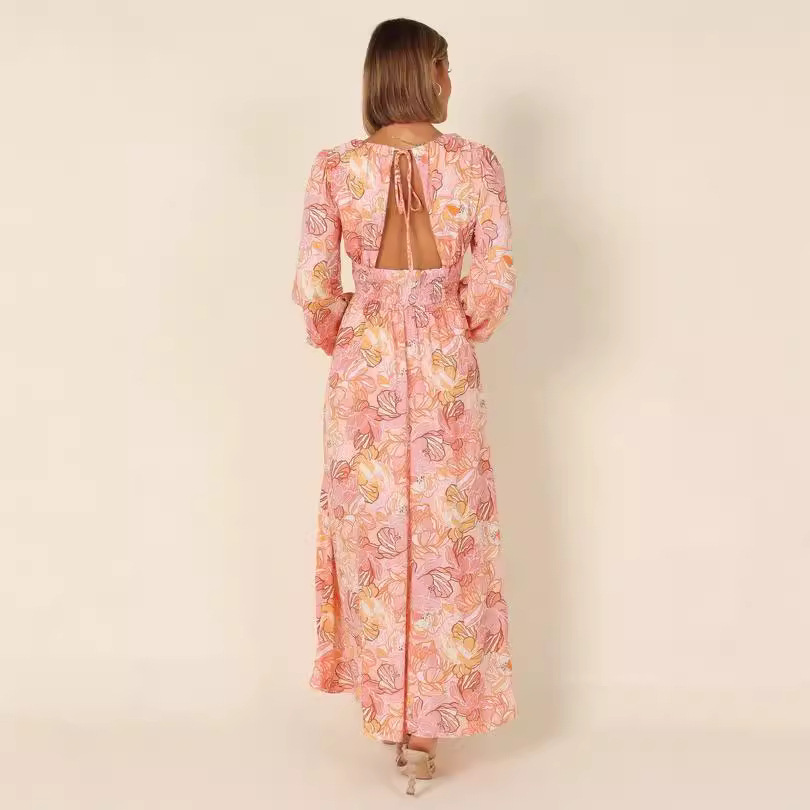 Printed Backless Deep-V Sexy Best-selling Long-sleeve Dress - Image 4