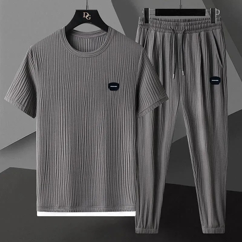 Mens Fashionable Loose-fit Short-sleeve And Long-pants Set