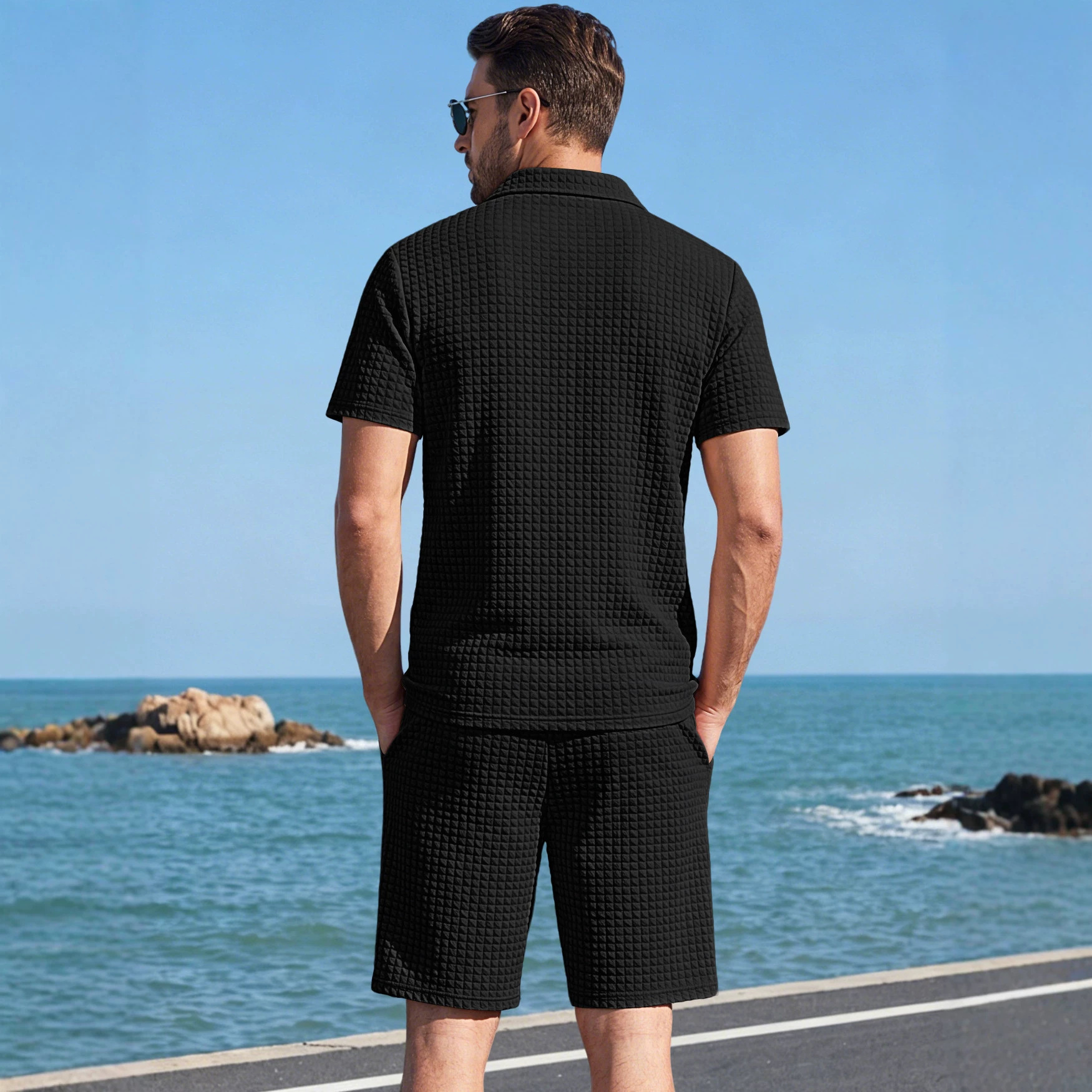 Mens Solid-Color Short-Sleeve T-Shirt And Shorts Casual Sports Set - Image 3