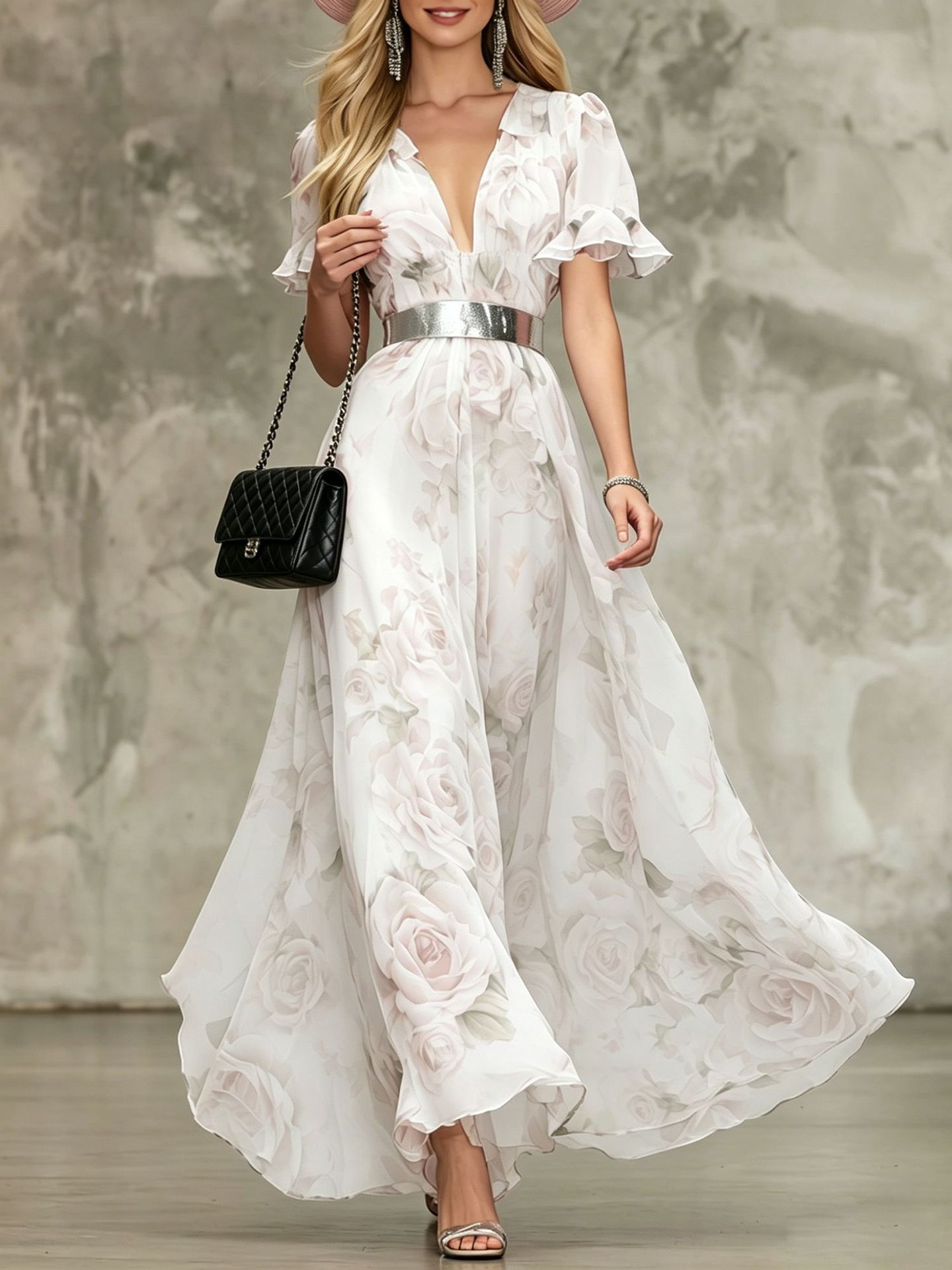 French-Style Romantic Rose-Print Chiffon Maxi Dress - Image 7