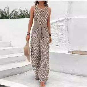 Womens Best-selling Waist-cinching Adjustable-lace-up Printed Jumpsuit - Image 2
