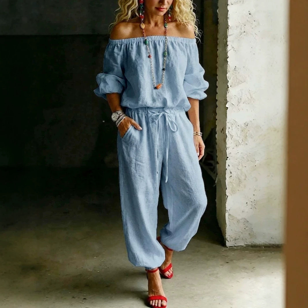 One-shoulder Top And Casual Drawstring Jogger Pants Jumpsuit Set - Image 3