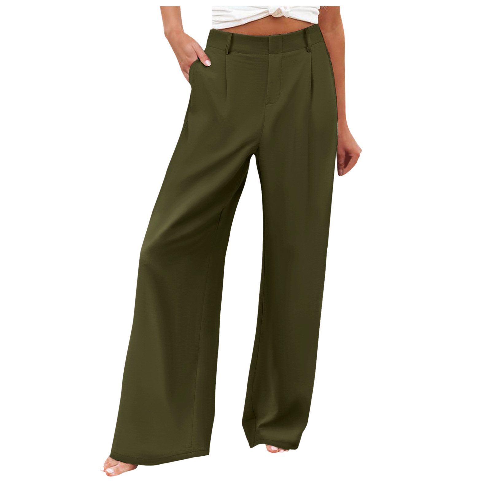 Womens Summer Fashion Loose Solid-color High-waisted Casual Pants Straight-leg Trousers - Image 5