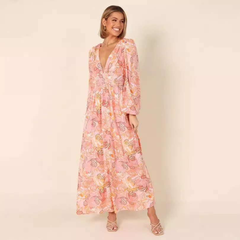 Printed Backless Deep-V Sexy Best-selling Long-sleeve Dress - Image 5