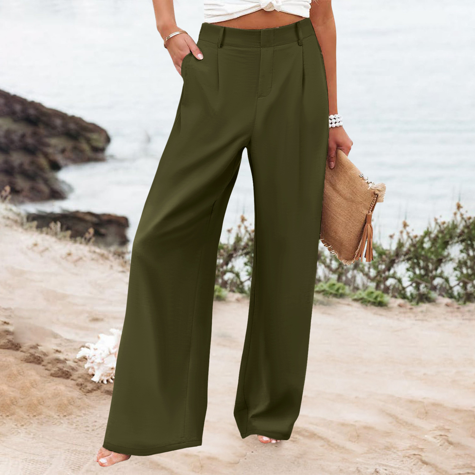 Womens Summer Fashion Loose Solid-color High-waisted Casual Pants Straight-leg Trousers - Image 9