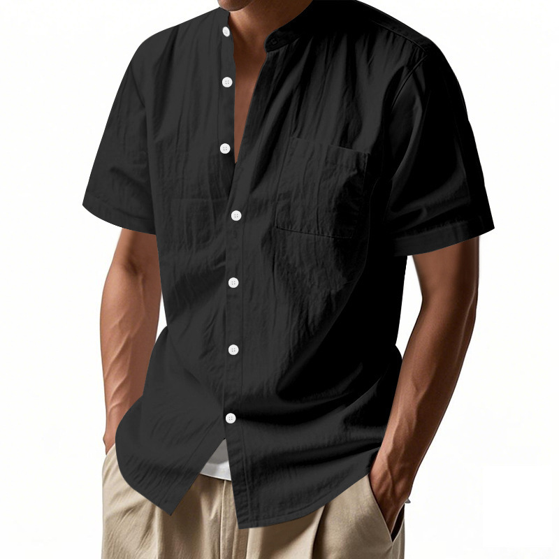 Solid-color Casual Stand-collar Beach Short-sleeve Shirt For Men - Image 8