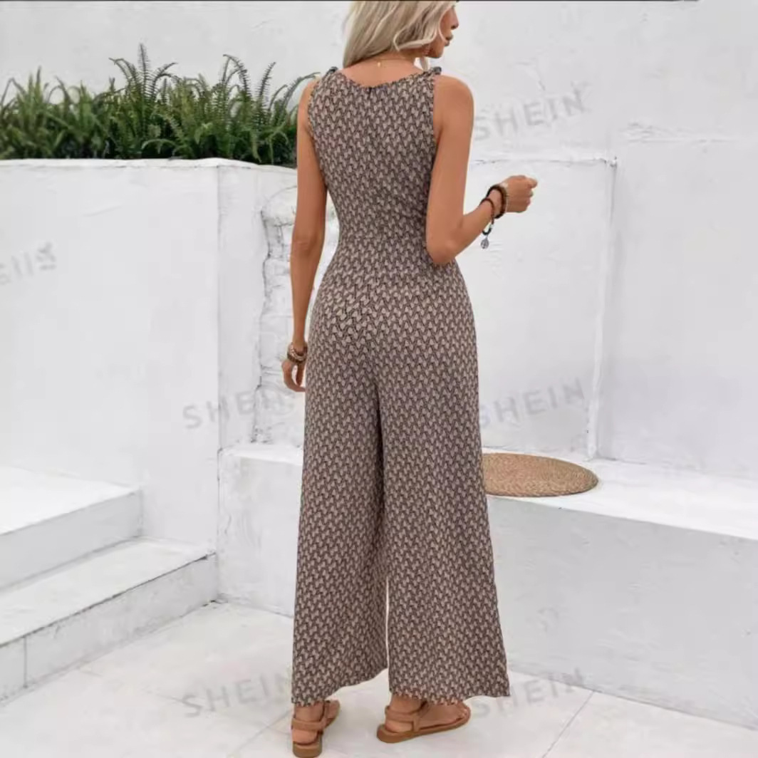 Womens Best-selling Waist-cinching Adjustable-lace-up Printed Jumpsuit - Image 4