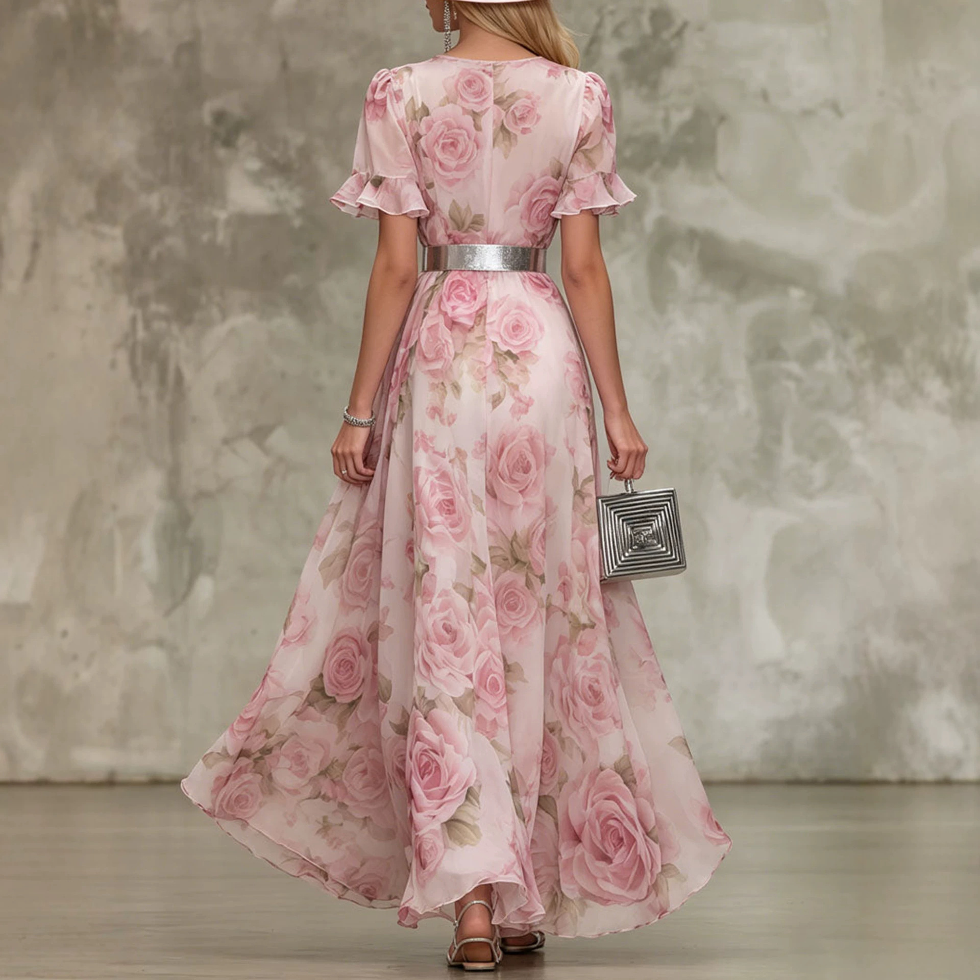 French-Style Romantic Rose-Print Chiffon Maxi Dress - Image 3
