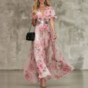 French-Style Romantic Rose-Print Chiffon Maxi Dress