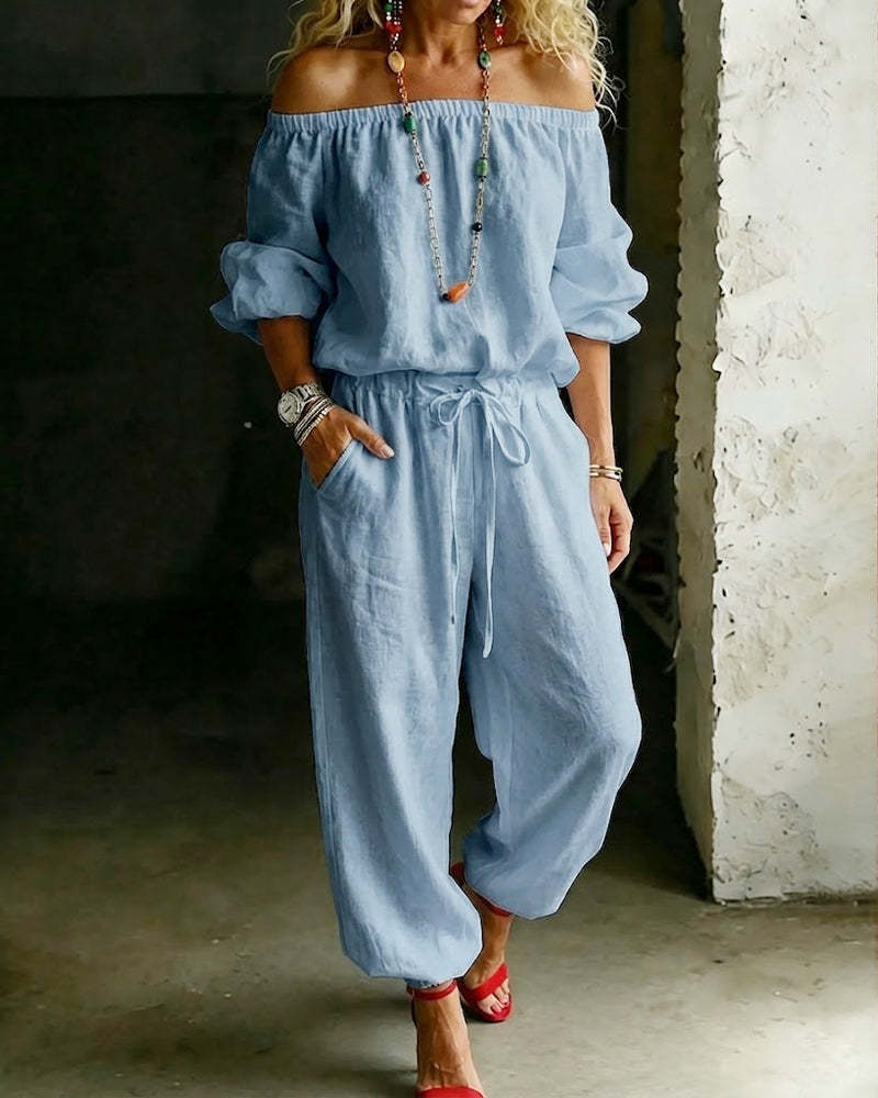 One-shoulder Top And Casual Drawstring Jogger Pants Jumpsuit Set - Image 10