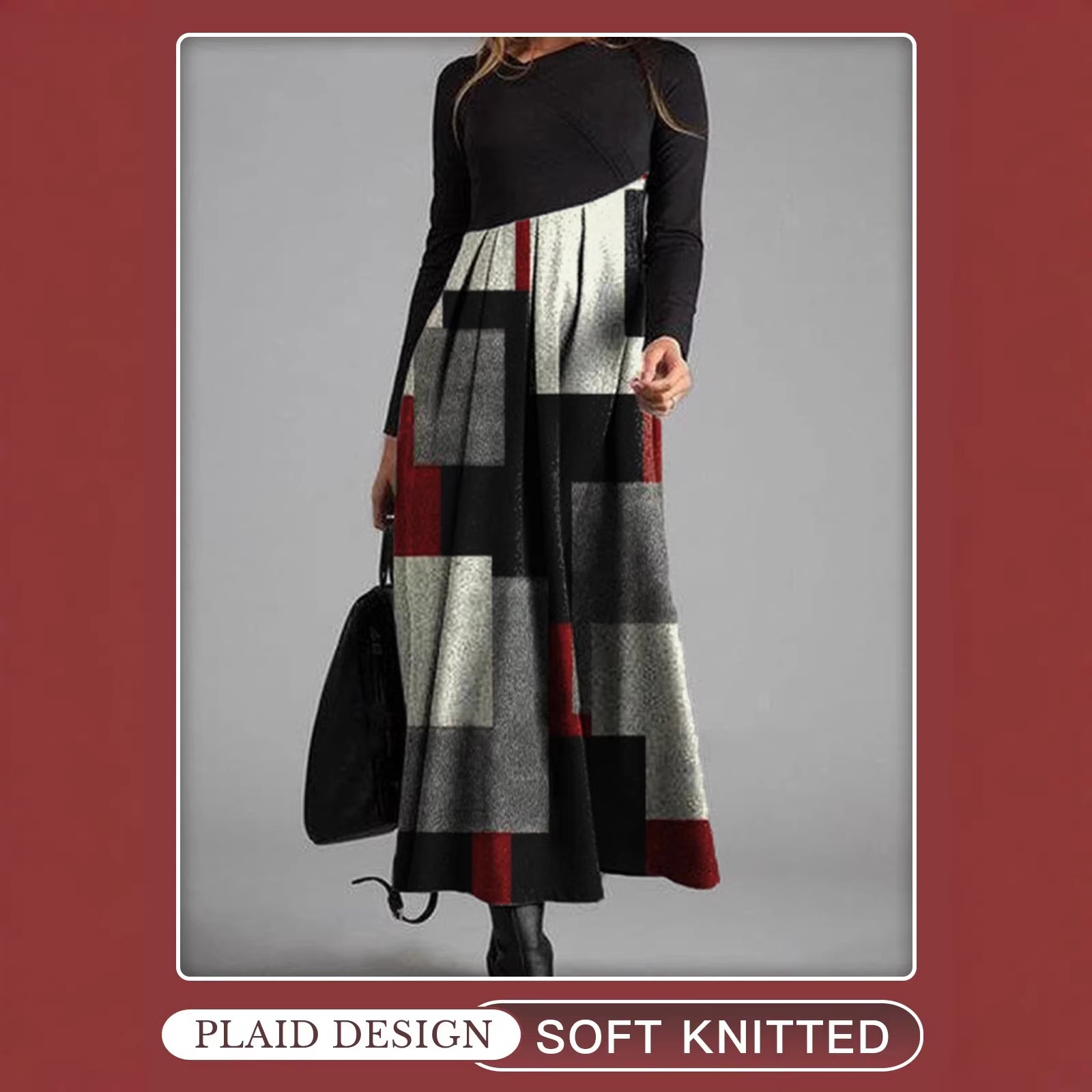 New Womens Long Sleeve Patchwork Plaid Dress - Image 3
