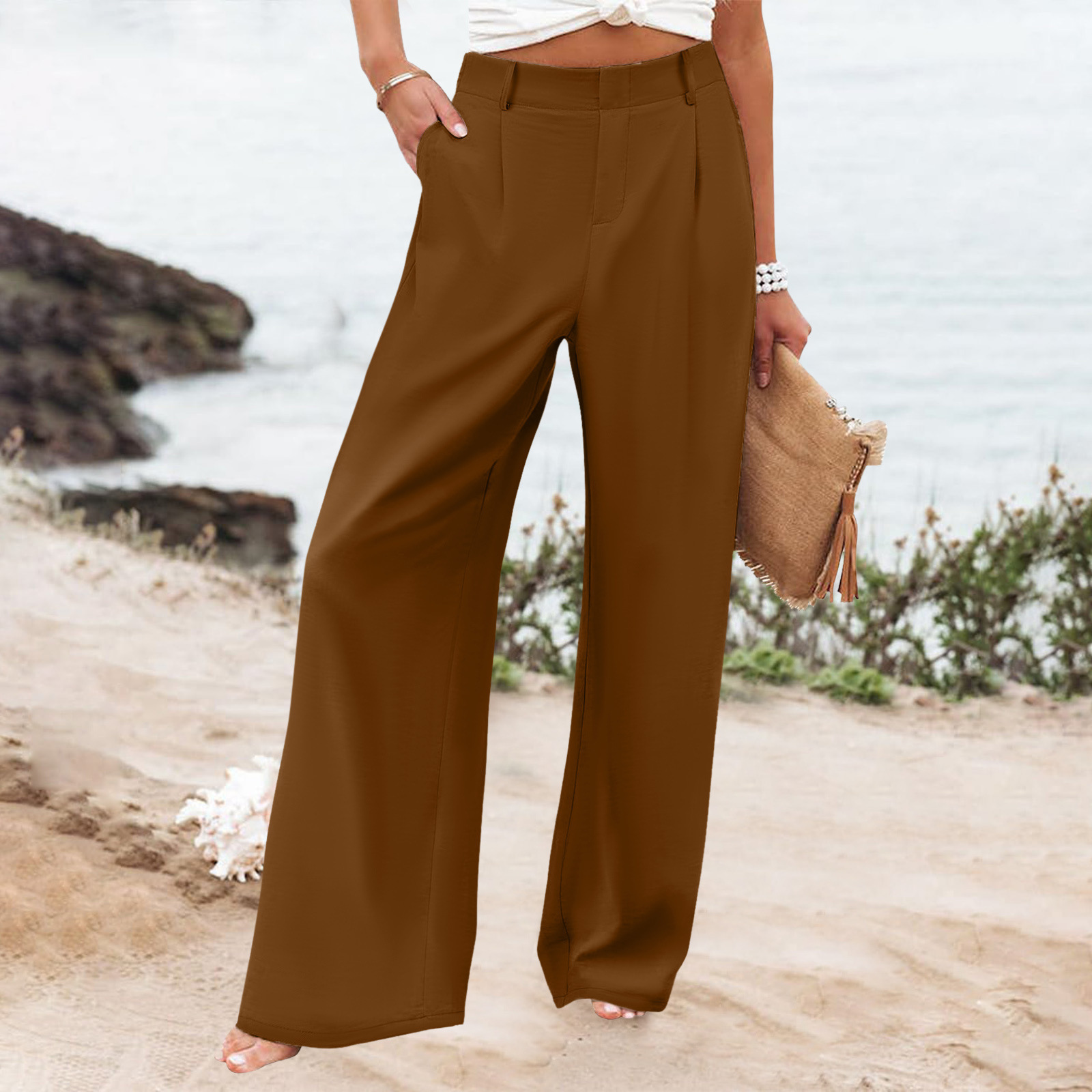 Womens Summer Fashion Loose Solid-color High-waisted Casual Pants Straight-leg Trousers - Image 3