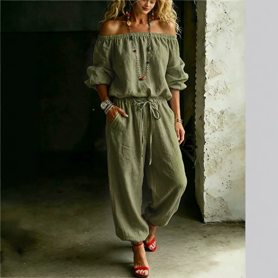 One-shoulder Top And Casual Drawstring Jogger Pants Jumpsuit Set - Image 2