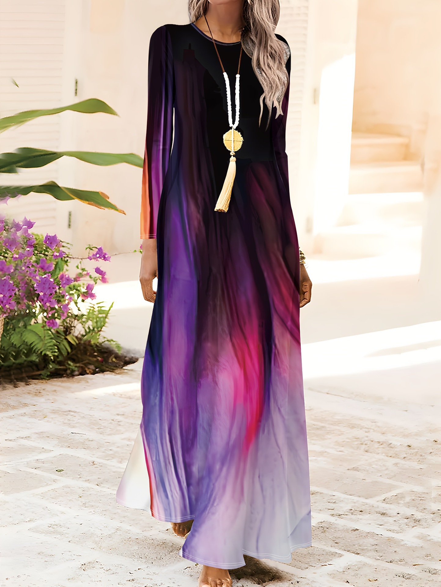 Vintage Navy Blue Womens Printed Elegant Long Party Dress - Image 6