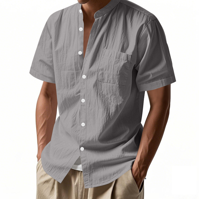 Solid-color Casual Stand-collar Beach Short-sleeve Shirt For Men - Image 5
