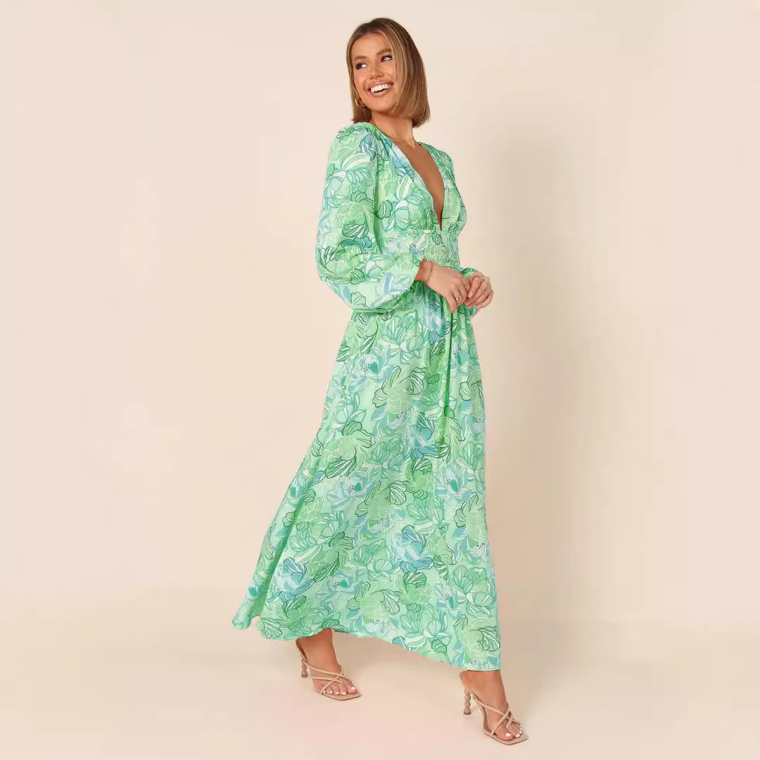 Printed Backless Deep-V Sexy Best-selling Long-sleeve Dress - Image 3