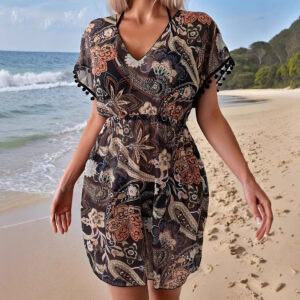 Fashionable Short-sleeve V-neck Dress With An Elastic Waist